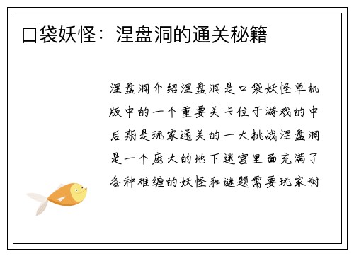 口袋妖怪：涅盘洞的通关秘籍